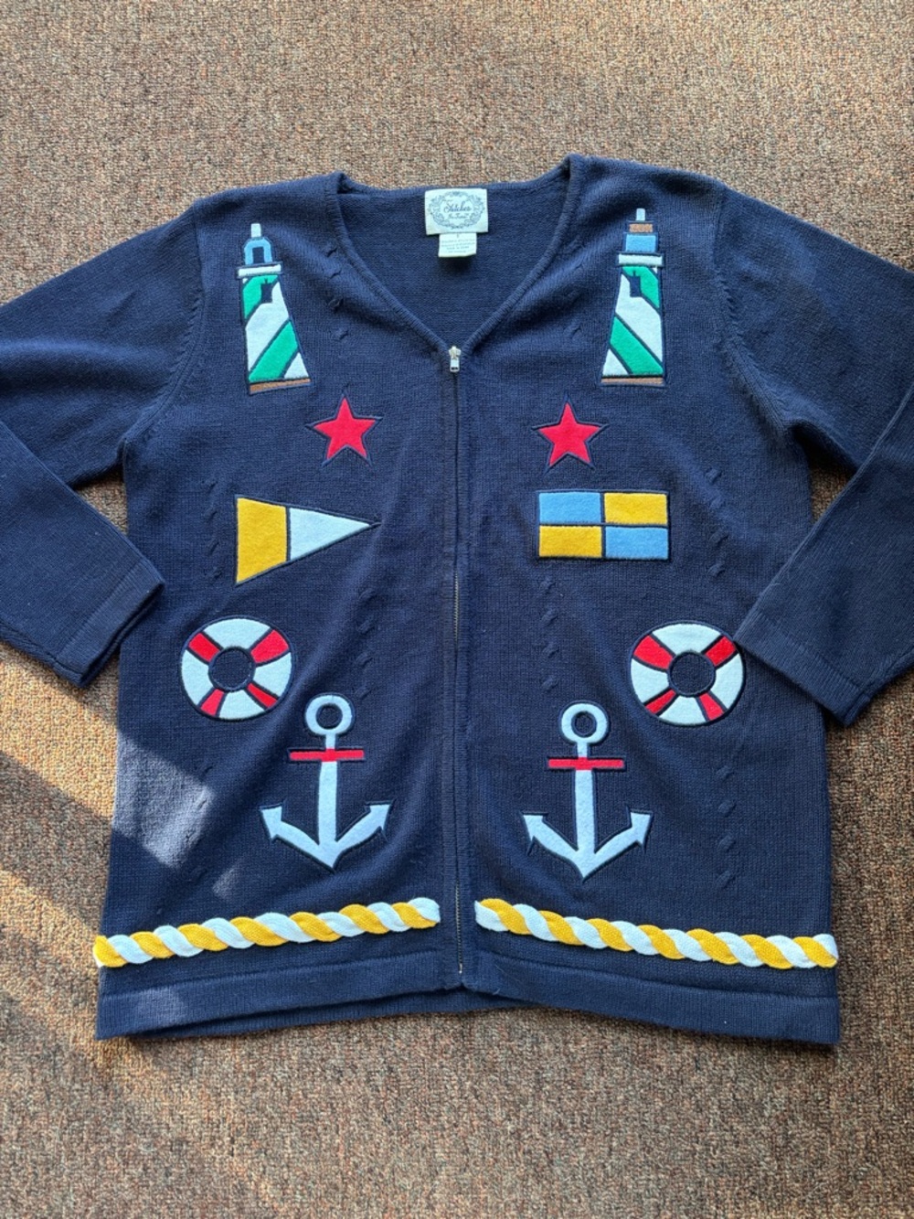 Navy Nautical Zip-Front Cardigan with Anchors & Lighthouses